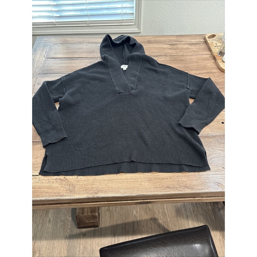 Aerie V-Neck Hoodie Pullover Sweater Oversized Fit Black Women's Size S Waffle